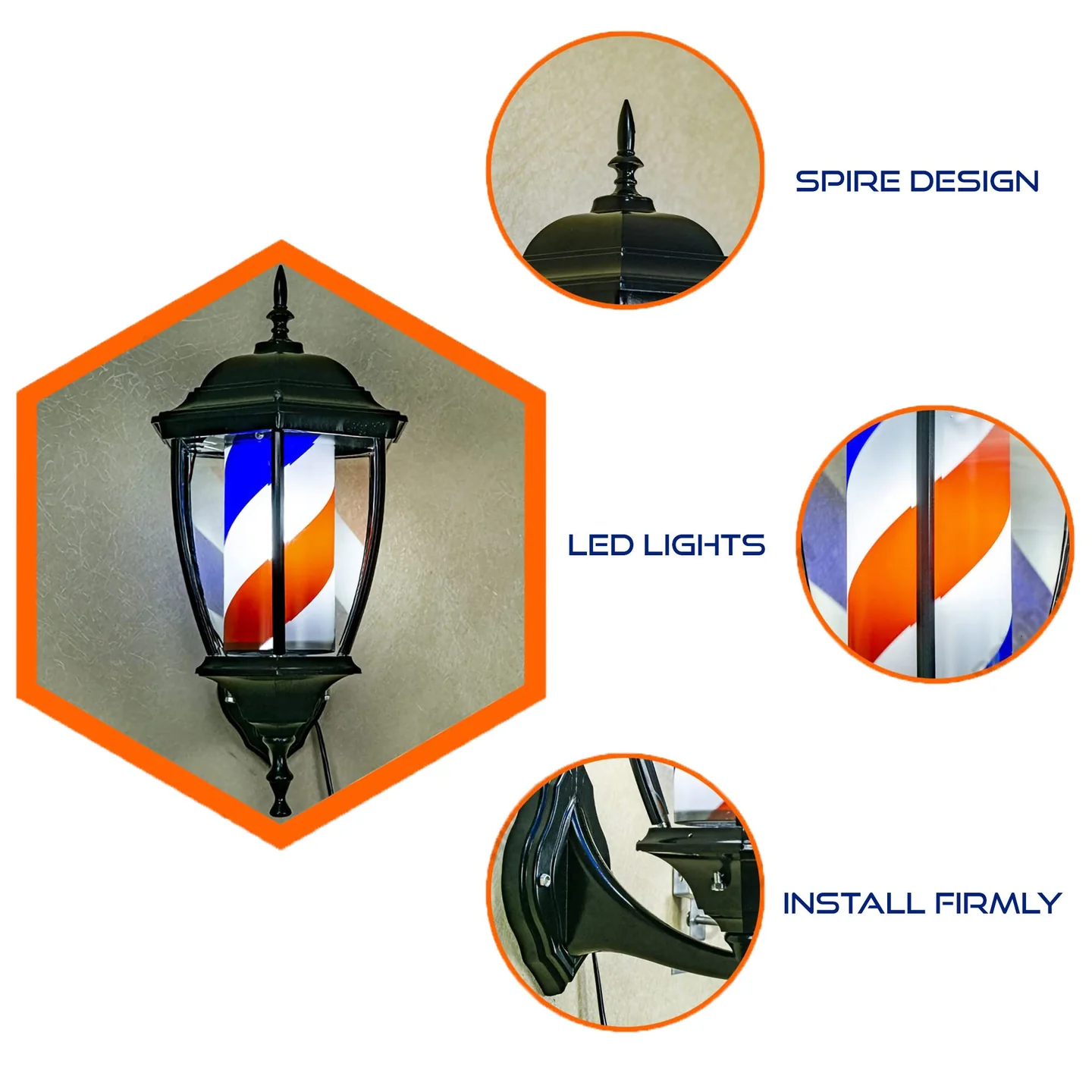 Gabri Lantern Barber Pole Light (Black, Red White Blue Stripes) 50cm - Image 5