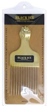 Black Ice Professional Signature Series Gold Fist Metal Pick Comb inside its original packaging showing the product code BIC212.