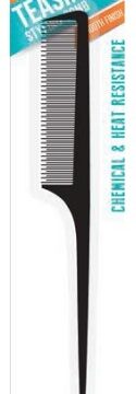 Stella Collection 24721 Tapered Teasing Comb packaging showing chemical and heat resistant black styling tail comb.