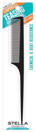Stella Collection 24721 Tapered Teasing Comb packaging showing chemical and heat resistant black styling tail comb.